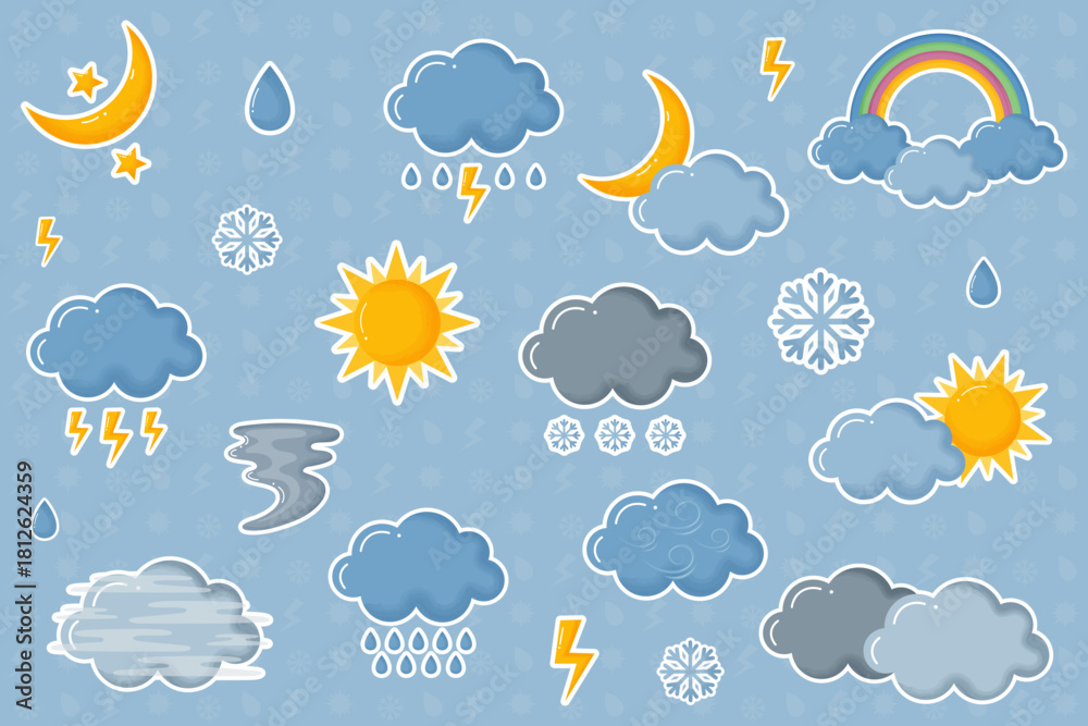 Naklejka premium Cute cartoon weather sticker collection with watercolour texture isolated on blue background.Moon, stars, sun, clouds, rain, snow, wind, rainbow, lightning, temperature.Vector illustration.