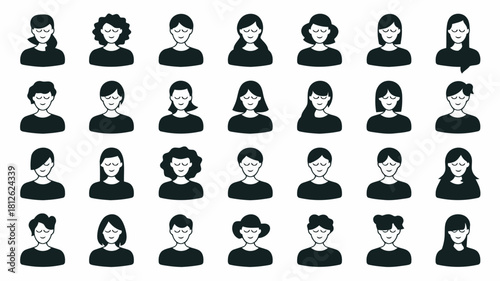 Set of diverse cartoon characters with different hairstyles and expressions, black and white illustration