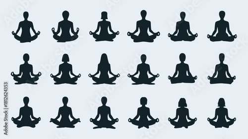 Group of people meditating in lotus position, black silhouette, yoga meditation, mindfulness practice, spiritual relaxation