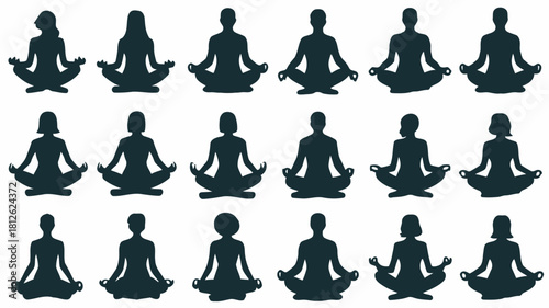 Group of people meditating in lotus position, sitting crosslegged in a calm and peaceful posture, representing mindfulness and relaxation