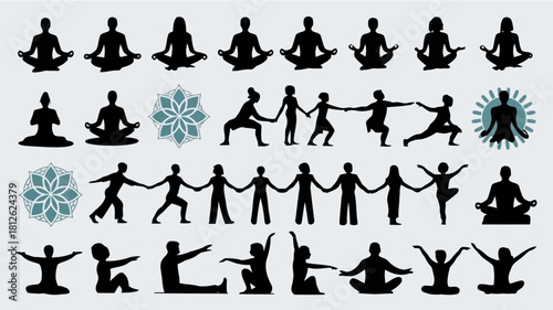 A collection of various yoga poses and group activities, including meditation, stretching, and partner exercises, depicted in black silhouettes