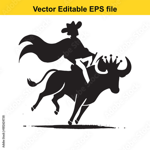 Silhouette of bull rider with crown on bucking bull isolated on