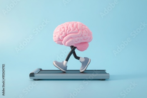 Cartoon brain character exercising on a treadmill promoting mental fitness and health