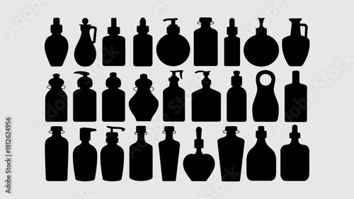 Collection of various perfume bottles in black silhouette style, isolated on