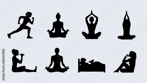 Set of eight different yoga poses illustrated in black silhouette style on a plain background