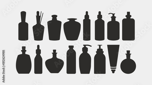 Collection of various perfume bottles and dispensers in black silhouette style