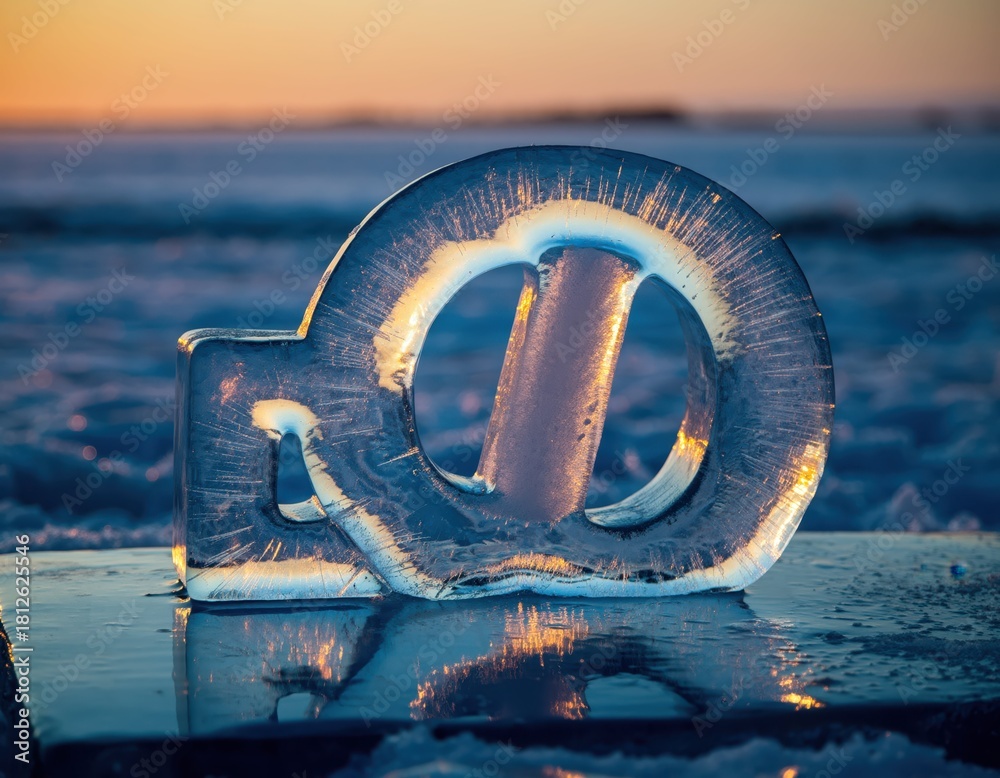 Fototapeta premium Clear Ice Sculpture with Sunset Reflection on Frozen Surface