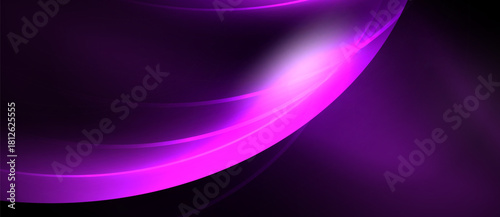 Abstract purple waves, smooth curves, bright light source. Dark background creates dramatic visual effect. Modern design element.
