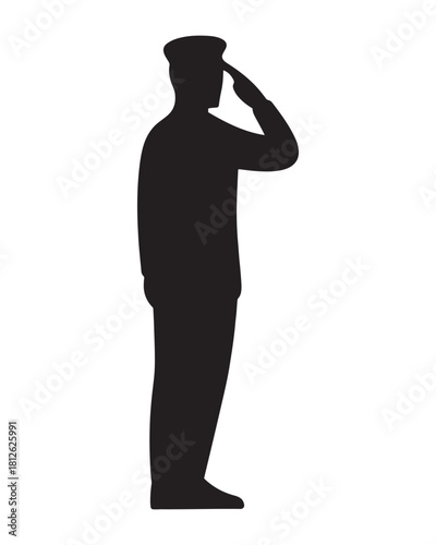Saluting Officer Silhouette, Military Salute Vector, Standing Uniform Figure, Respect Tribute Graphic