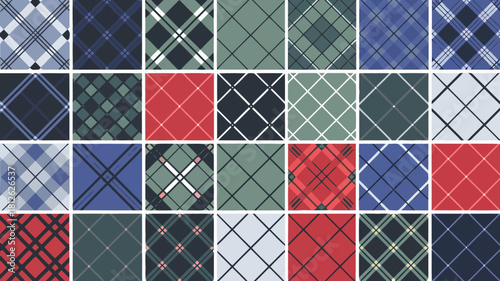 A collection of colorful plaid patterns arranged in a grid, showcasing various textures and designs