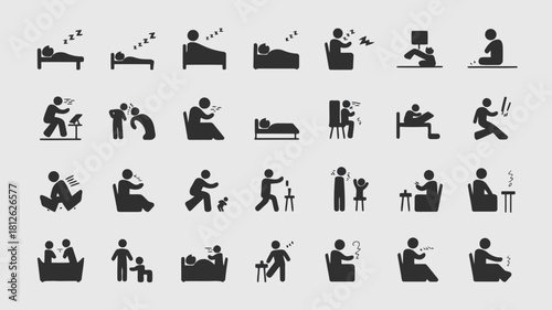 A collection of icons depicting various activities such as sleeping, reading, working on a computer, and exercising, all in a minimalist black and white style