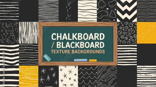Chalkboard and blackboard texture backgrounds with various patterns and designs for creative projects