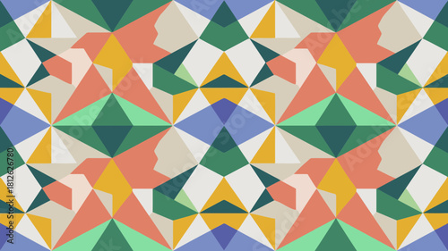 Colorful geometric pattern with overlapping triangles in vibrant shades of pink, green, blue, and yellow