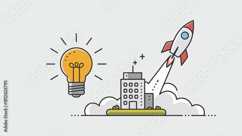 Illustration of a lightbulb, rocket, and building representing innovation and business growth