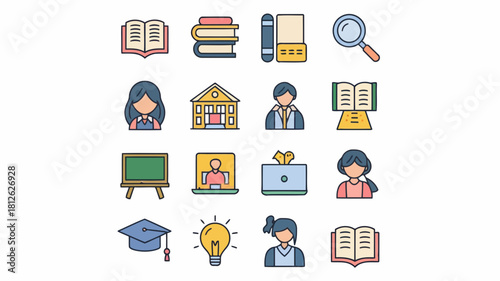 Set of colorful icons representing education, learning, and academic concepts including books, graduation, and teaching