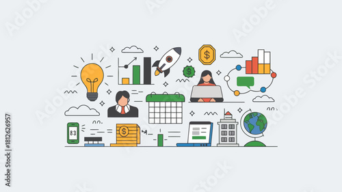 Business concept illustration with icons of finance, technology, and strategy for corporate success