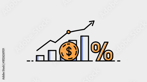 Graph with upward trend arrow, coin, and percentage symbol representing financial growth and investment success