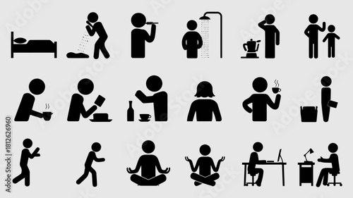 Set of icons depicting various activities such as sleeping, working, exercising, and relaxing