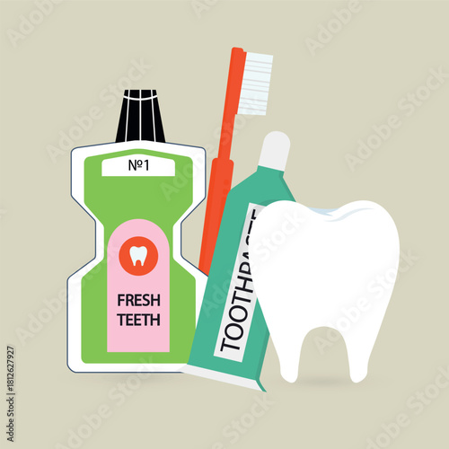 Clean vector illustration featuring dental hygiene essentials including mouthwash, toothpaste, toothbrush, and a white tooth. Ideal for dentistry, oral health, medical, and hygiene-related designs.
