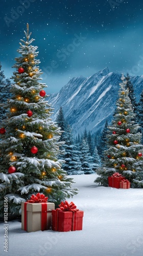 Festive christmas trees adorned with lights and gifts in a snowy mountain landscape