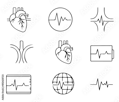 Striking cardiology icons convey heart health, medical monitoring, and vital signs for modern healthcare