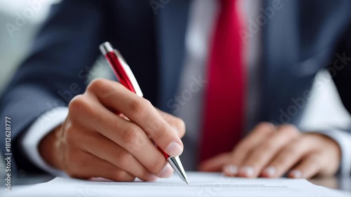 A man in a suit is writing with a red pen on a piece of paper. Concept of professionalism and formality, as the man is dressed in a suit and tie