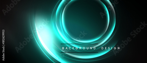 Dark background features glowing neon circles. Abstract design evokes energy, modern aesthetic. Bright turquoise highlights create visual impact.