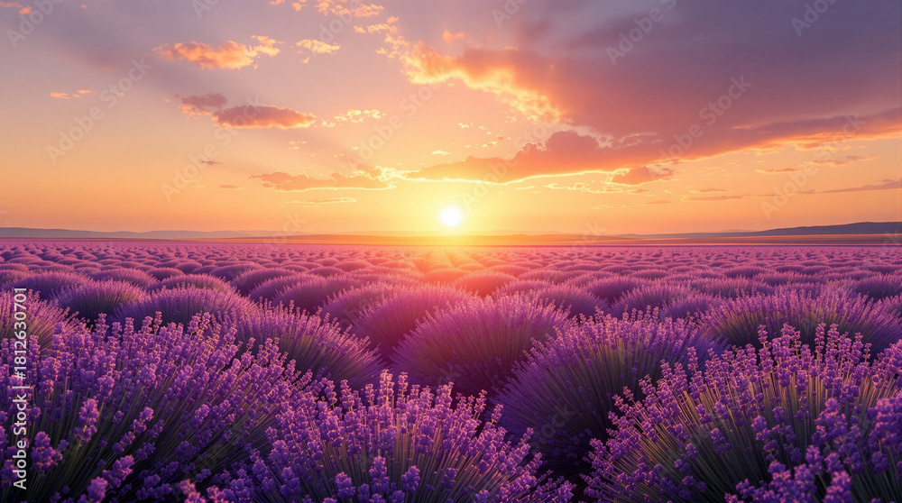 Fototapeta premium Vast lavender field glowing under a warm sunset sky, endless rows of purple flowers stretching toward the horizon, dreamy fragrant summer atmosphere and peaceful countryside landscape ideal for wallpa