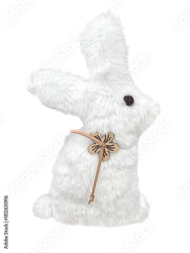 Isolated image of a white fluffy bunny toy on a clean background. The soft plush rabbit features a cute, minimalistic design, making it perfect for Easter themes, spring decorations