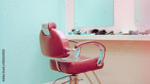 blowdry. Elegant salon chair with styling tools, portraying a chic and organized beauty space. lifestyle magazines, social media lookbooks, designed for influencer and brand collaborations.