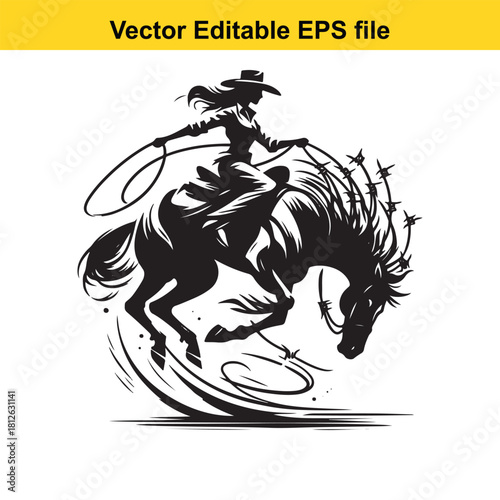 Silhouette of cowgirl riding a bucking wild horse with a lasso