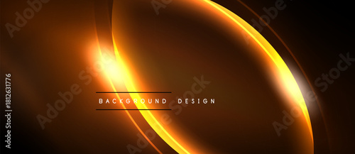 Abstract background features glowing orange lines, curves. Dark backdrop enhances luminosity, creating dynamic visual effect. Modern design element.