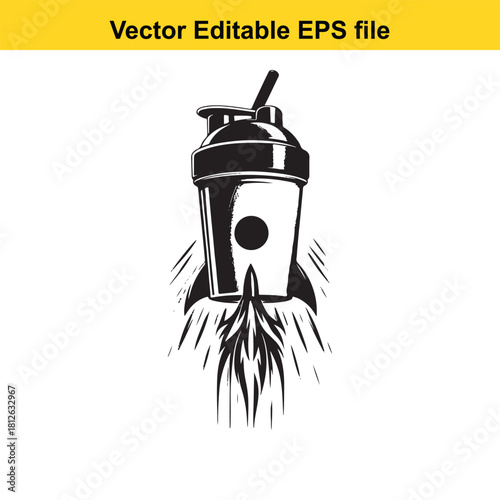 Vector illustration of a protein shaker bottle launching like a rocket