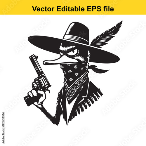 Angry duck cowboy outlaw holding revolver gun isolated on white