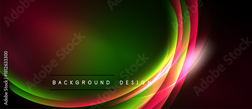 Abstract colorful waves, vibrant gradients. Smooth curves create dynamic background design. Dark edges emphasize central glow.