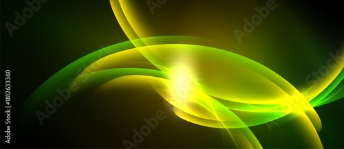Abstract design features flowing green, yellow lines. Bright center creates dynamic visual impact against dark background. Smooth curves suggest movement.