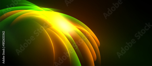Abstract design features vibrant curves, radiating light. Green, yellow, orange hues blend into darkness. Dynamic composition evokes energy, growth.