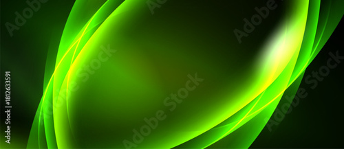 Abstract green design. Smooth curves create dynamic flow, light highlights add depth. Dark background emphasizes vibrant color.