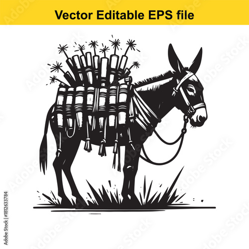 Black and white vector illustration of a donkey loaded with dynamite