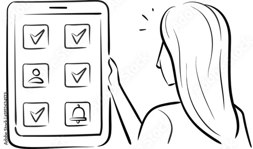 Woman managing tasks on large smartphone screen, checklist and notification icons, productivity app illustration, digital planning, time management vector art