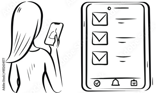 Woman checking email on smartphone and tablet, mobile inbox notification illustration, digital communication, online messaging, modern technology sketch vector art