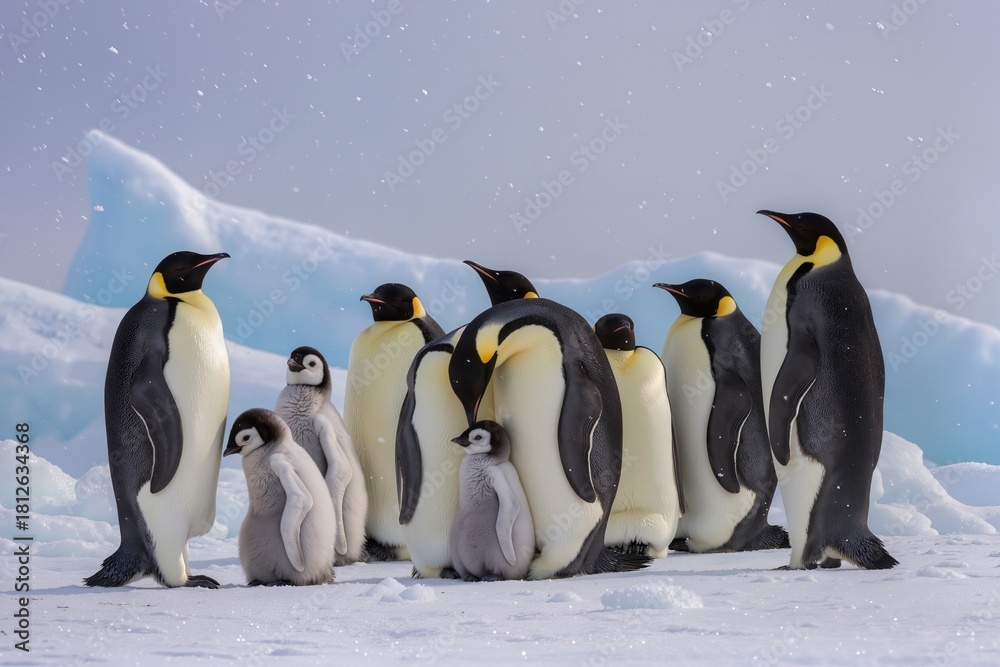 Fototapeta premium Gentoo penguins are actively swimming in the calm waters of Antarctica, with some leaping from the surface to join their group. Icebergs float nearby under a clear blue sky.