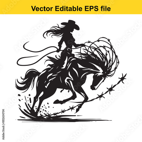 Silhouette of cowgirl riding horse with lasso and barbed wire