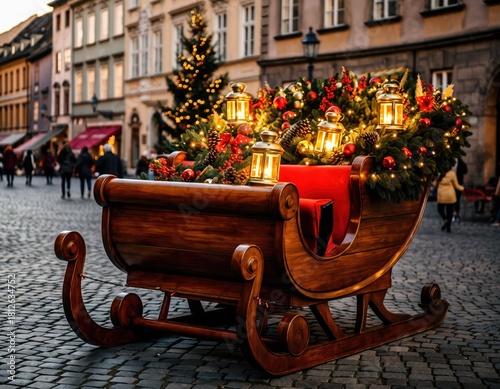 European Santa Sleigh Display in Town Center with Holiday Decor