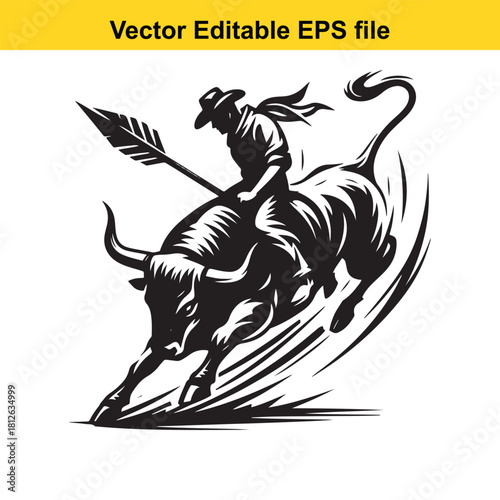 Cowboy riding a bucking bull holding a spear isolated on white