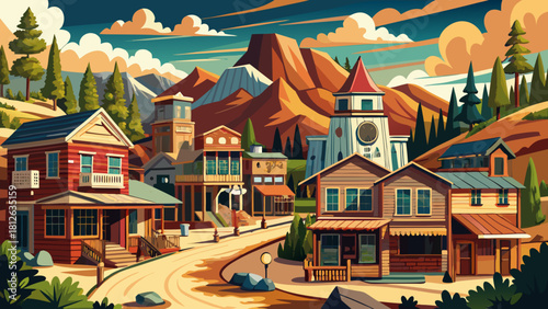Very beautiful historic Deadwood landscape showcasing classic Old West architecture nestled within a scenic South Dakota mountain setting, featuring rustic wooden buildings, winding streets, and fores