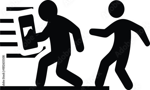 "Phone Snatching Icon Vector – Running Thief Stealing Mobile Device Symbol, Crime Alert Pictogram, Safety Awareness Stick Figure Illustration"