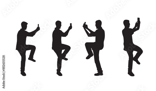 "Man Silhouette Taking Selfie Pose Vector Set – Standing Male Mobile Photography Poses Clipart, Modern Smartphone User Silhouettes Illustration"