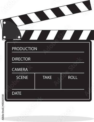 Film production, film reel board, film production icon isolated on white background. Vector cartoon illustration, poster.