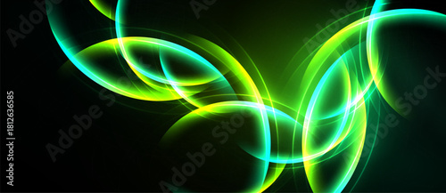 Abstract swirls, vibrant green hues dominate dark background. Flowing lines create dynamic, energetic visual impact. Modern design element.